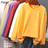 Autumn New Cotton T shirt Female Pure Color Long Sleeve Women's T-shirts M-XXL Size Yellow White Simple Basic Tee