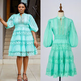 Fongt Dress Eugen Yarn Half-Open Lantern Sleeve Middle Sleeve Dress Lace Lace To Receive Waist Skirt
