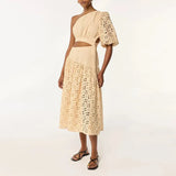 Fongt Dress Women 2025 Summer New Temperament Elegant Slanted Sloping Embroidery Open Fork Senior Sense Dress