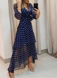 Women's Wear Spring And Autumn Wave Point Irregular Printing V-Collar Long Dress Women's Spot-Outfit