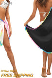 Women Beach Sarongs, Sexy Sheer Mesh Swimsuit Wrap Skirt Bikini Cover Up with Colorful Pompom Tassel Summer