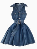 Fongt Denim Dress Design Feeling Hanging Neck Short Small A Word Ponpony Dress 0329