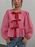 Fongt Women's Plaid Loose Bow Long-Sleeved Shirt