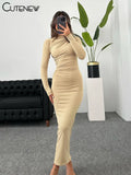 Women's Elegant Solid O-neck Patchwork Maxi Dress Full Long Sleeves Body-shaping Robe Lady Evening Attirewear Vestidos-Outfit