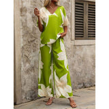 Fongt Summer Set Printing V-Neck Bat Sleeve Blouse Long Pants Fashion Two-Piece