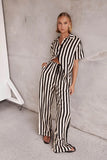 Fongt Summer Women's Fashion Casual Polo Collar Stripe Color Patchwork Short Sleeve Set 88175-Outfit