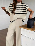 Fongt Casual High-Grade Striped Knitted Shoulder Clothes + Fashion Wide Leggings