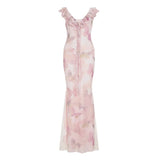 Fongt Chinese Chinese Light Green Shoulder Butterfly Print Fishtail Sling Skirt Sexy Hip Through Mesh Dress