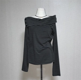 Gray Contrast Striped Tee Shirt Autumn New Lapel Neck Off Shoulder T-shirts Y2k Grunge Long Sleeve Tops Graphic T Shirts-Outfit