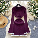Fongt Luxury Famous Knitted Dress Woman Autumn Wooden Ear Over The Collar To Slim Beautiful Sister Mid-Long Dress