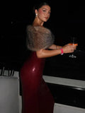 Burgundy Sequin Tube Maxi Dress With Off-shoulder Feather Shawl Set-Outfit