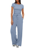Fongt Suit Folding 2025 New Solid Short-Sleeved Top High-Rise Broad Leg Pants Sportswear