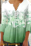 Floral Print Summer Blouse Women Elegant Simple Shirt V Neck Button 3/4 Length Sleeve Casual Holiday Basic Tops