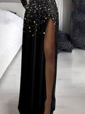 Station Shiny Gold Printed Long-Sleeved High-Collar Mesh Stitched High Fork Dress Dress-Outfit