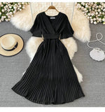 Fongt New V-Neck Short-Sleeved Dress Over Knee-Repaired Lady's Waist Tie Mid-Slap Dress
