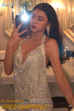Rhinestone Backless Dress Sexy Deep V Neck Sleeveless Side Split Halter Dress Nightclub Party Evening