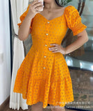 New E-Commerce Women's Wear Orange Short-Sleeved Waist Hollowed-Out Dress Women's Spot-Outfit