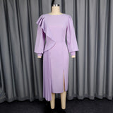 Fongt Elegant Lantern Sleeve Party Dress Irregular Lotus Folds On The Side Of The Fork Evening Dress Dress