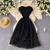 Fongt Luxury High-End Dress Women's Summer Mesh Stitching Design Feel Waist Thin Super Fairy Long Dress
