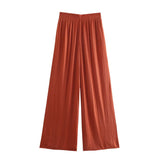 Women Fashion Solid Color Pleats Wide Leg Pants Female Chic Elastic Waist Side Pockets Casual Summer Long Trousers