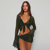 Fongt Women's Clothing 2025 Summer New Micro-Permeable With Mesh Long-Sleeved Thoracic Blouse Casual Skirt Set