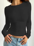 Summer Solid Crew Neck T-Shirt, Casual Long Sleeve Top For Spring & Fall,Women's Clothing-Outfit