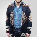 Fongt Men's Vintage Heavy Industry Knit Jacket Geometrical Long Sleeve R-Shirt Sweater