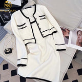 Fashion Knitted Women Pocket Buttons Sweater Cardigan + Spaghetti Strap Dress Sets Autumn Small Fragrance Two Piece