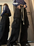 Harajuku Streetwear Black Cargo Pants Women Hip Hop Techwear Oversized Pockets Red Wide Leg Trousers High Street