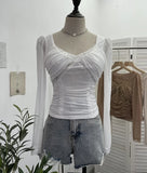 Fongt Wind Belt Chest Mat Lace Splicing Mesh Yarn Long-Sleeved T-Shirt Short Slim Top 2673