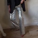 Fongt New Autumn And Winter Silver PU Leather Pants Fashion Scale Pattern High Waist Long Straight Leg Pants Children Style-Outfit
