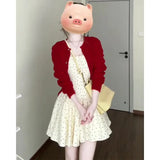 Fongt Gentle Temperament Red Knitted Shirt Coat Wave Dot Square Tie Dress Women's Spring And Summer New Set