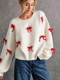 Fongt Red Bow Decoration Loose Round Collar Collar Sweater Autumn Top