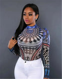 Women Bodysuits Ethnic Sexy Long Sleeve Shirt Jumpsuit Bodysuit Stretch Leotard Slim Print Bodycon Summer Bodysuit Tops-Outfit