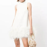 Spring 2025 New Fashion Niche Design Feel Solid Color Collar Feather Splicing High Sense Short Dress Dress