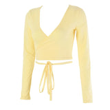 New Casual Basic Women T-shirts Long sleeve Deep V Neck Slim Fit Bandage Pullovers Solid Sexy Club Streetwear Tee