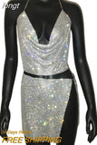 Women Sparkly Rhinestone Sexy Two Piece Set 2023 New Low Cut Sleeveless Halter Backless Party Top Split Empire Mini
