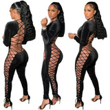 Lace-up Hollow Out Bandage Jumpsuit Womens Rompers Long Sleeve Velvet Backless One Piece Club Outfits Bodycon Jumpsuits-Outfit