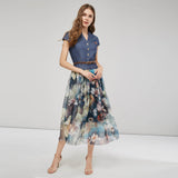 Fongt Summer New Women's Temperament Fashion Denim Dress Sleeveless Splicing Print Mid-Long