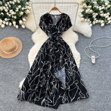 Fongt Summer New Small High-End Sense V-Neck Short-Sleeved Waist Irregular Open-Fork Print Dress Women's Long Dress