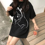 Fongt Summer New Korean Print Long Short Sleeve T-Shirt Women's Loose Shirt