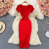 Fongt Thin Collar Knitted Dress Short Sleeve 2025 Summer New Temperament Sexy Hot Ass Long Skirt