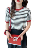 Silk Short-Sleeved Sweater Women's Thin Striped T-Shirt Large Size Korean Version Bottom Summer Half-Sleeved Chic Blouse-Outfit