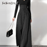 TWOTWINSTYLE Casual Striped Wide Leg Pants Female High Waist Pockets Temperament Fashion Pants For Women Autumn Style 2022