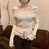 Word Shoulder Knitted Bottom Sweater Underwear Sweater Autumn And Winter Minority Design Chic Short Blouse-Outfit