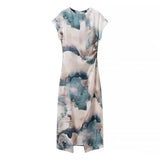 Fongt Women's New Fashion Round Collar A Twill Section Tie-Dye Silk-Stained Texture Dress
