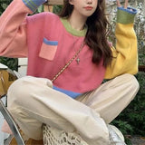 Fongt Splicing Short Head Sweater Female Spring And Autumn Korean Soft Waxy Show Thin Age Reduction Sweet Sweater Long Sleeve Jacket-Outfit