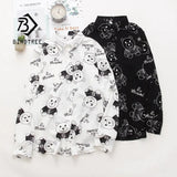 Women Vintage Bear Print Chiffon Blouse Full Sleeve Button Up Turn Down Collar White Shirt Casual Office Lady Autumn Tops