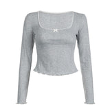 Fongt Girl Split Dense Edge Base Long Sleeve T Shirt Square Collar Wood Ear Bow Slim All-Match Jacket-Outfit
