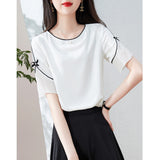 Fongt A Bow Round-Neck Short-Sleeved Chiffon Sleek Sleek Shirt For Women's New Elegant Oceanic Career In Summer 2025